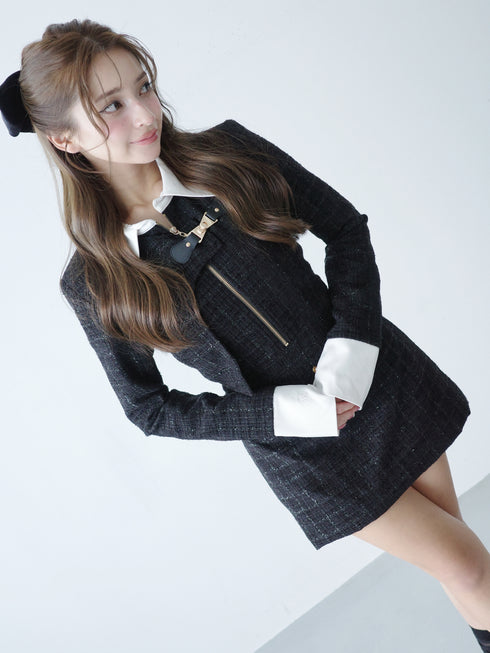 Asymmetry buckle tweed dress
